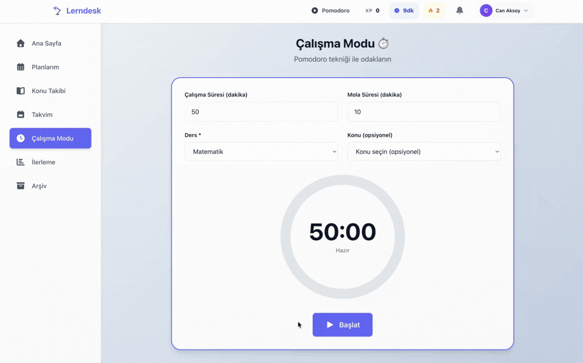 Çalışma Modu Arayüz Görseli